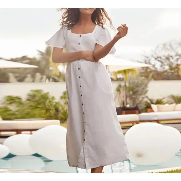 Lands' End White Linen Sweetheart Button Front Midi Dress Sz 6-8 Romantic Beachy - Picture 2 of 13